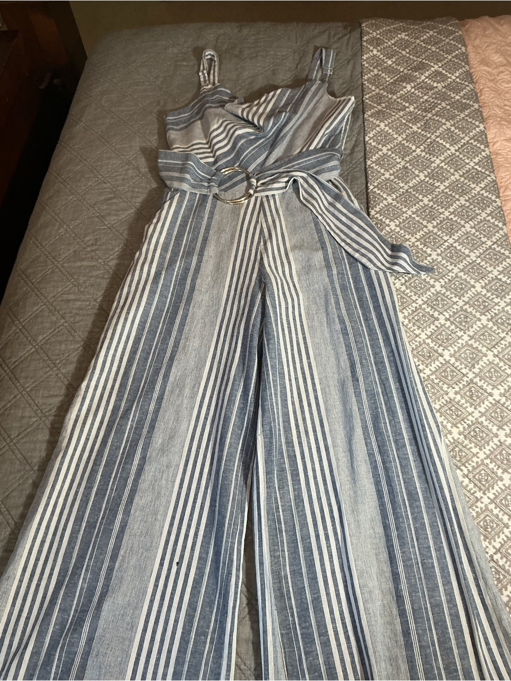 Striped Blue Wide-Leg Jumpsuit with Belt